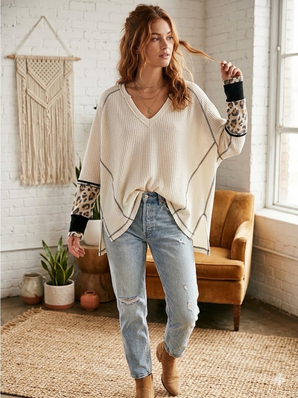 Free People We The Free Boho Lovin' Leopard Thermal Waffle Knit Top Ivory XS